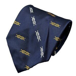 Vintage Yves Saint Laurent Tie YSL Logo Embroidered Satin Blue 4.5"